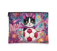 Fantasioso astuccio per il trucco a forma di gatto, colorato con bandiere americane, organizer da viaggio per donne, borsa da toilette per le vacanze, Multicolore, 7x9 Inch, Gatto