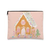 Fantasioso astuccio per trucchi a forma di casa di pan di zenzero, astuccio natalizio per cosmetici, da donna, portatile, in tela con cerniera, organizer per vacanze e viaggi, Pesca, 7x9 Inch, Casa di