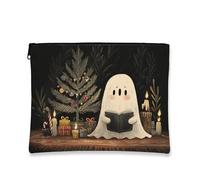 Fantasioso astuccio per trucchi con fantasma, astuccio natalizio per cosmetici, da donna, in tela portatile, con cerniera, per la cura della pelle delle vacanze, nero, 7x9 Inch, Fantasma
