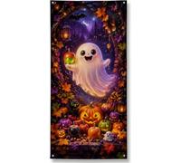 Fantasioso fantasma e zucche scena di Halloween copertura per porta 91 x | Jack-o'-lanterns, banner portico, foglie autunnali, gatto, foresta fantasiosa, carattere stagionale, atmosfera spettrale