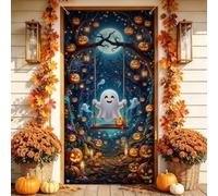 Fantasioso fantasma oscillante nella foresta Halloween porta copre 91,4 x | Fantasiosa scena della foresta, sfondo della porta d'ingresso, accenti Jack-o'-lantern, sfondo luna piena, spirito giocoso
