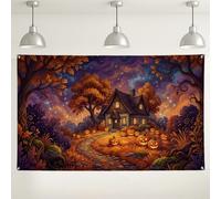 Fantasioso Halloween Cottage Jack-O'-Lanterns sfondo Banner 180 x 109 cm | Fantasioso cottage forestale, sfondo fotografico, percorso di pietra incandescente, paesaggio bosco incantato