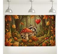 Fantasioso procione autunno foresta sfondo banner 180 x 109 cm | Fantasiosa scena della foresta, sfondo fotografico, decorazione a forma di cuore, illustrazione di funghi velenosi