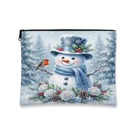 Fantasioso pupazzo di neve scena invernale borsa per il trucco 17,8 x 22,9 | Scena invernale della foresta, astuccio con cerniera per trucco, uccellino pettirosso, rose bianche, pigne
