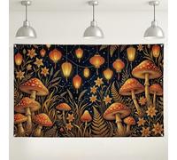 Fantasioso sfondo artistico con funghi e foreste, 180 x 109 cm | Lanterne di carta incandescenti, sfondo fotografico, pavimento della foresta botanica, skyline stellato