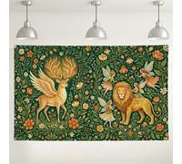 Fantasioso sfondo con foresta mitica e cervi alati, 180 x 109 cm | Fantasioso tema foresta, sfondo fotografico, creature mitiche, arte floreale botanica, estetica del giardino incantato