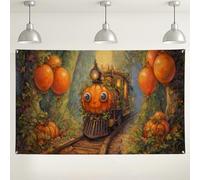 Fantasioso sfondo con treno di zucca, decorazioni colorate per feste fantasy, sfondo fotografico autunnale per interni ed esterni, per feste di Halloween, 180 x 109 cm