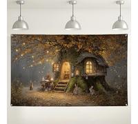 Fantasioso sfondo da parete con casa sull'albero, decorazioni per feste nella foresta incantata, accogliente sfondo fotografico per interni ed esterni, per compleanni dei bambini ed eventi stagionali