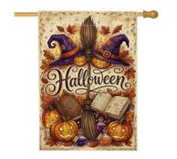 Fantasioso strega tema Halloween scopa casa bandiera 71 x 101 cm | Cappelli da strega, bandiera da cortile, Jack-o'-lantern, libri degli incantesimi, foglie d'acero autunnali, pozioni magiche