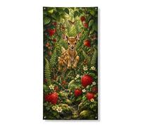 Fantasioso striscione decorativo per porta della foresta, incantevole design con cervi e fragole, decorazione per interni ed esterni, feste a tema naturale, 91 x 182 cm