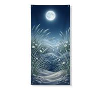 Fantasioso striscione per porta al chiaro di luna, decorazione con skyline notturno sereno con elementi erbosi, decorazione per interni ed esterni, per festival di primavera, 91 x 182 cm