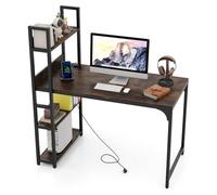FANTASK 120 x 65 cm, scrivania con libreria aperta, scrivania per computer con libreria aperta e telaio in metallo e USB e presa, tavolo da lavoro, in legno, ufficio e soggiorno (marrone)