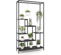 FANTASK 180 cm, supporto per piante, 6 piani, in metallo, con 10 ganci a S e ripiano a griglia, supporto per fiori nero