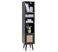FANTASK Armadietto da bagno con 4 ripiani, in rattan, con gambe in legno e porta in rattan, 29,5 x 29,5 x 137 cm, nero