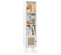 FANTASK Armadietto da bagno con 4 ripiani, in rattan, con gambe in legno e porta in rattan, 29,5 x 29,5 x 137 cm, bianco