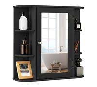 FANTASK Armadietto da bagno in legno con 4 scomparti e 6 ripiani aperti, da appendere con specchio, da bagno, armadietto a specchio, 66 x 17 x 63 cm (nero)
