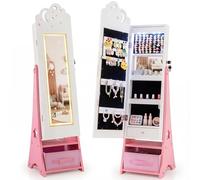 FANTASK Armadietto portagioie per bambini, con illuminazione a LED e specchio per tutto il corpo, organizer per gioielli con serratura inclinabile con specchio interno e cassetti, per cameretta dei