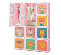 FANTASK Armadio per bambini, armadio modulare in plastica con 12 cubi, scaffale con ante e ganci, armadi per camera da letto (rosa+bianco, 12 cubi)