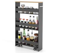 FANTASK Carrello da cucina stretto su ruote, scaffale per nicchia 13 cm di larghezza, 4 ripiani, carrello per nicchia con manico e ringhiere, mensola da bagno in legno, per cucina e bagno, 47,5 x 13 x