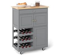 FANTASK Carrello da cucina su ruote, armadio da cucina in legno con cassetti e scaffale per vino a 3 piani e piano di lavoro, carrello da portata, carrello da appoggio (grigio)
