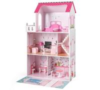 FANTASK Casa delle bambole in legno, altezza 120,5 cm, villa per bambole con 3 piani e 17 mobili, casetta giocattolo per ragazze e ragazzi dai 2 anni, 73 x 34 x 120,5 cm (rosa)