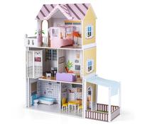FANTASK Casa delle bambole in legno dai 3 anni, 3 piani Villa per bambole con balcone, terrazza e 16 mobili, grande villa da sogno per ragazze e ragazzi, 102 x 34 x 120,5 cm