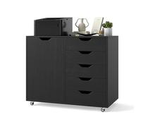 FANTASK Cassettiera con 5 cassetti, in legno, con porta e vano portaoggetti, per ufficio e casa, colore nero