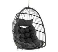 FANTASK Cestino sospeso pieghevole in rattan PE con morbido cuscino, sedia sospesa con accessori e altalena sospesa, poltrona sospesa per interni ed esterni (grigio)