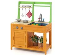 FANTASK Cucina di fango in legno per esterni, cucina giocattolo con accessori, cucina per bambini con fornelli realistici & rubinetto & lavello & forno, cucina da giardino per bambini dai 3 anni in su
