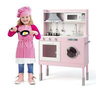 FANTASK Cucina per bambini con accessori da gioco, cucina in legno con cappa aspirante e lavatrice e suoni e luci reali, set da gioco per bambini dai 3 anni in su, rosa (71 x 29 x 101 cm)