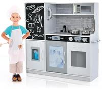 FANTASK Cucina per bambini, cucina giochi in legno con lavagna, colore bianco e grigio, con accessori, cucina giocattolo con forno a microonde, gelatiera, lavastoviglie e forno per ragazzi a partire