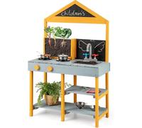 FANTASK Cucina per bambini, per esterni, in legno di abete con contenitore per piante, 2 lavagne e rubinetto e lavandino (blu)