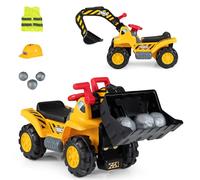FANTASK Escavatore 3 in 1 per bambini con pala rimovibile | Auto multifunzione per bambini dai 2 anni in su con mattoncini, casco, gilet, vano portaoggetti ed effetti sonori