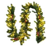 FANTASK Ghirlanda di abete verde, ghirlanda natalizia con 100 LED bianco caldo, ghirlanda decorativa con pigne e bacche rosse, per porta, camini, scale, interni ed esterni (270 cm)