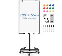 FANTASK Lavagna bianca mobile, 100 x 65 cm, flip chart su rotelle, lavabile a secco, regolabile in altezza fino a 192 cm, magnetica, supporto per lavagna a fogli mobili con pennarelli, magneti