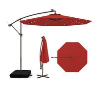 FANTASK Ombrellone Ø 300 cm con supporto e luci a LED Ombrellone da Giardino con manovella, Protezione UV per Giardino, Piscina, Terrazzo (Rosso)