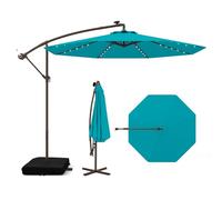 FANTASK Ombrellone Ø 300 cm, con supporto e luci a LED, ombrellone da giardino con manovella, protezione UV, per giardino, piscina, terrazza (turchese)