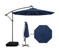 FANTASK Ombrellone Ø 300 cm con supporto e luci a LED Ombrellone da Giardino con manovella, Protezione UV per Giardino, Piscina, Terrazzo (Blu)