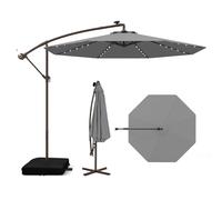 FANTASK Ombrellone Ø 300 cm, con supporto e luci a LED, ombrellone da giardino con manovella, protezione UV, per giardino, piscina, terrazza (grigio)