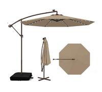 FANTASK Ombrellone Ø 300 cm, con supporto e luci a LED, ombrellone da giardino con manovella, protezione UV, per giardino, piscina, terrazza (marrone)