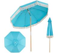 FANTASK Ombrellone 170 cm, ombrellone da spiaggia boho con frange, pieghevole su entrambi i lati di 30°, in legno, terrazzo, per giardino, balcone, terrazza (blu)