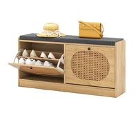 FANTASK Panca per scarpe in rattan con seduta imbottita, cuscino con 2 alette e ripiani regolabili, organizer per scarpe indipendente per corridoio, ingresso, soggiorno, 101,5 x 24 x 48 cm