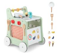 FANTASK Passeggino 6 in 1 in legno, con cucine da gioco, orologio educativo, regolazione della forma e cursore mobile, cucina per bambini Baby Walker con ruote per bambini a partire da 1 anno (verde)