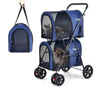 FANTASK Passeggino per cani a 2 piani con finestre a rete e portabevande per animali domestici fino a 16 kg, passeggino per gatti per 2 cani di piccola taglia, per cani e gatti, in blu