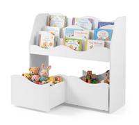 FANTASK Scaffale per bambini con 2 scatole su ruote, 3 ripiani ondulati | Scaffale per giocattoli Montessori in legno con 2 scatole e ruote, per cameretta dei bambini, libreria organizzata per