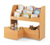 FANTASK Scaffale per bambini con 2 scatole su ruote, 3 ripiani ondulati | Scaffale per giocattoli Montessori in legno con 2 scatole e ruote, per cameretta dei bambini, libreria organizzata per