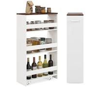 FANTASK Scaffale per nicchia, carrello da cucina con manico e ringhiera, in legno, carrello da portata su ruote, 4 ripiani, per cucina e bagno, 47,5 x 33 x 80,5 cm (bianco e marrone)