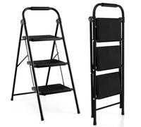 FANTASK Scaletta pieghevole a 3 livelli, in metallo, con corrimano antiscivolo e piattaforma, pieghevole, per casa, ufficio, garage, nero (3 livelli)