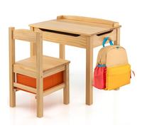 FANTASK Scrivania per bambini con sedia in legno massello, pieghevole, con ripiano pieghevole, cassetto e gancio, tavolo da attività per bambini dai 3 anni in su, (naturale)