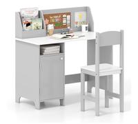 FANTASK Scrivania per bambini con set di sedie, in legno con libreria, armadietto e bacheca, scrivania multifunzione con sedia per bambini dai 3 anni in su, colore grigio